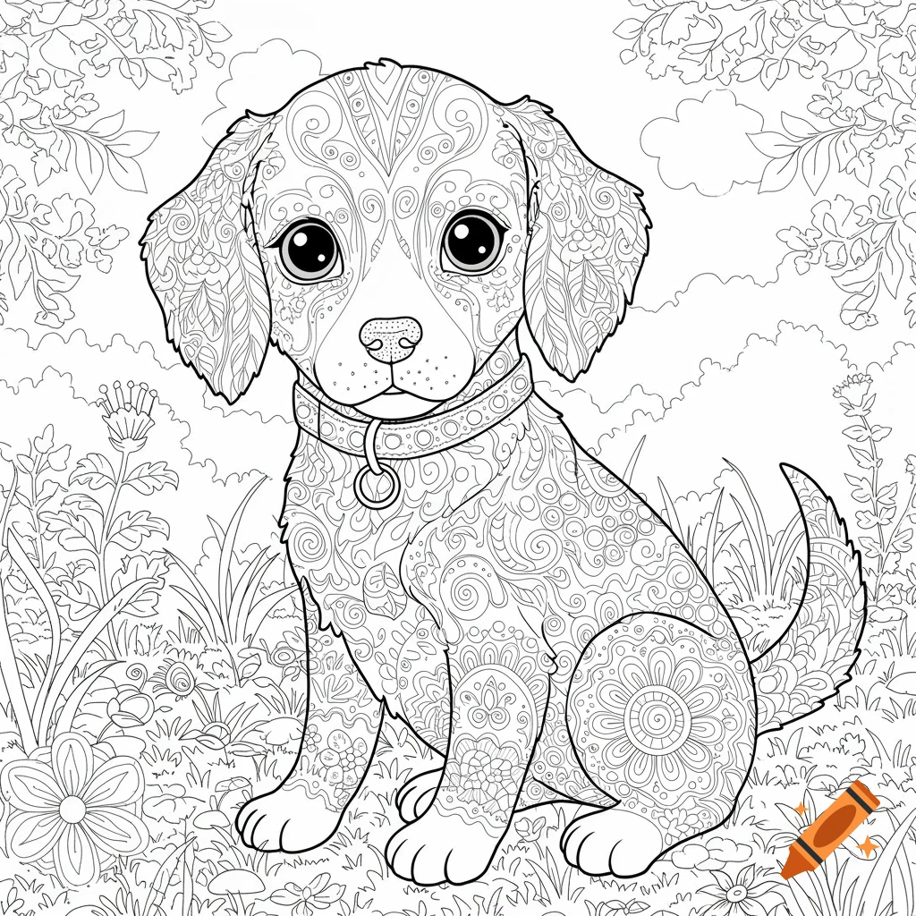 Black and white line art of a puppy with intricate patterns, sitting in a garden, designed as an adult coloring page.