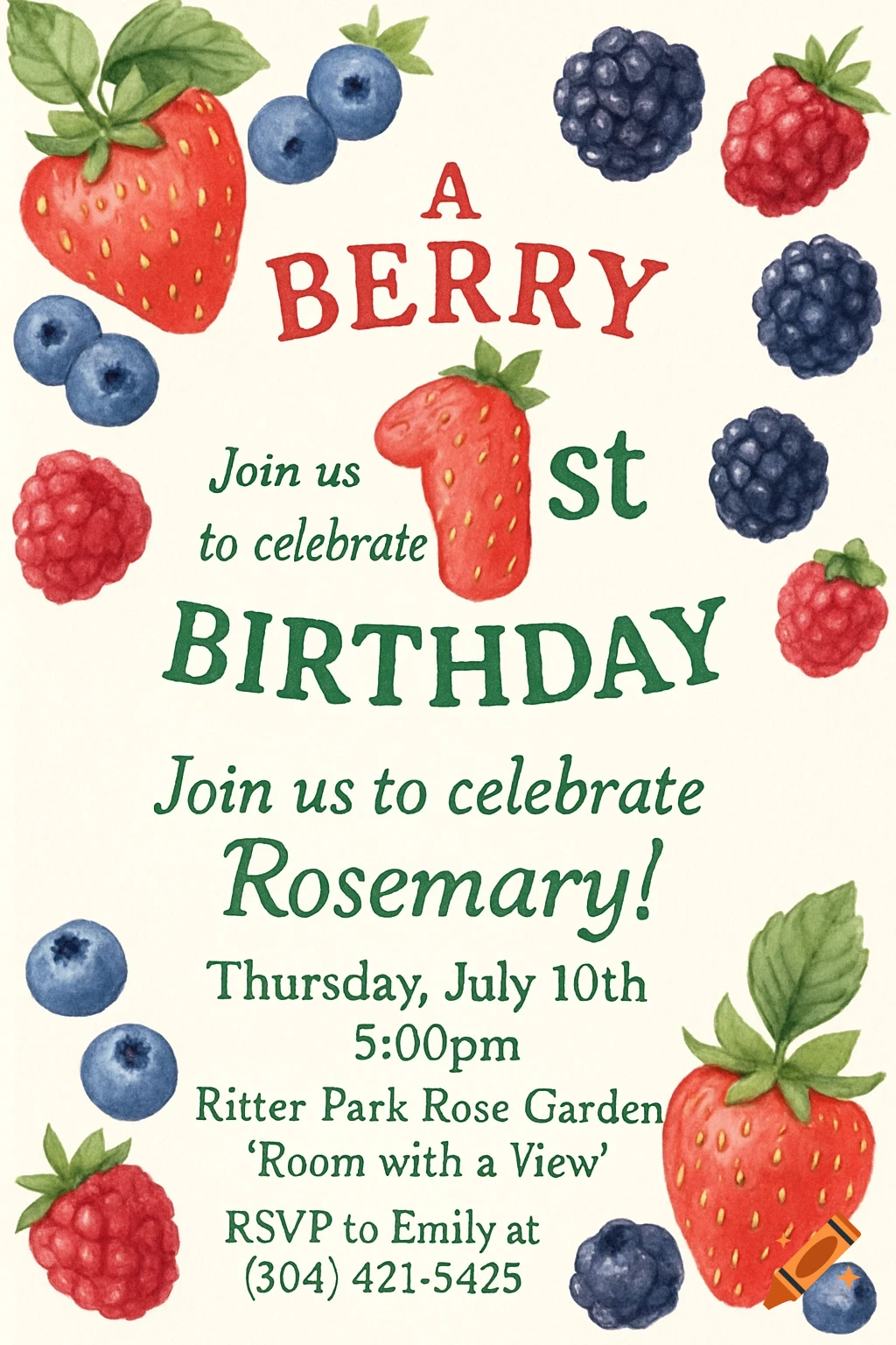 Watercolor birthday invitation featuring strawberries, blueberries, raspberries, and blackberries, with text 'A Berry 1st Birthday' and party details.