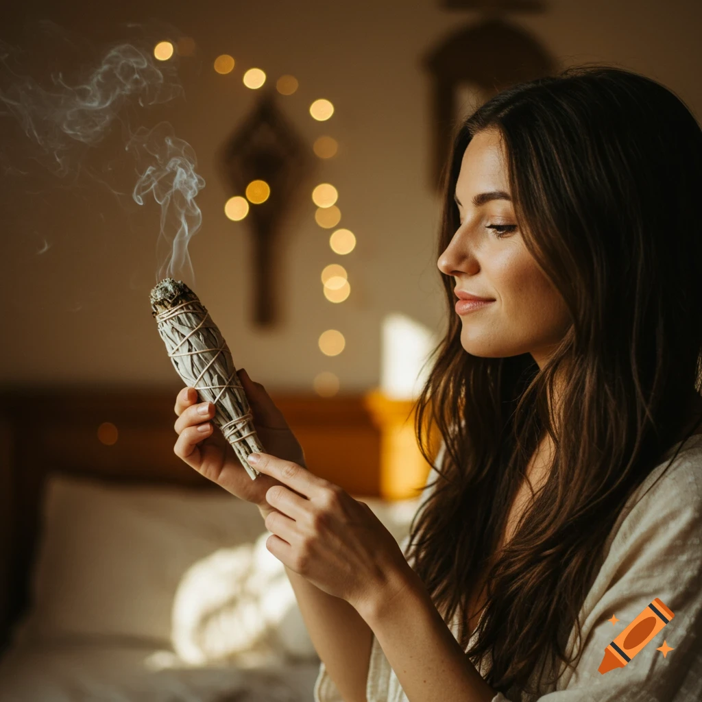 A woman holds a smoking white sage smudge stick, performing an energy cleansing ritual.