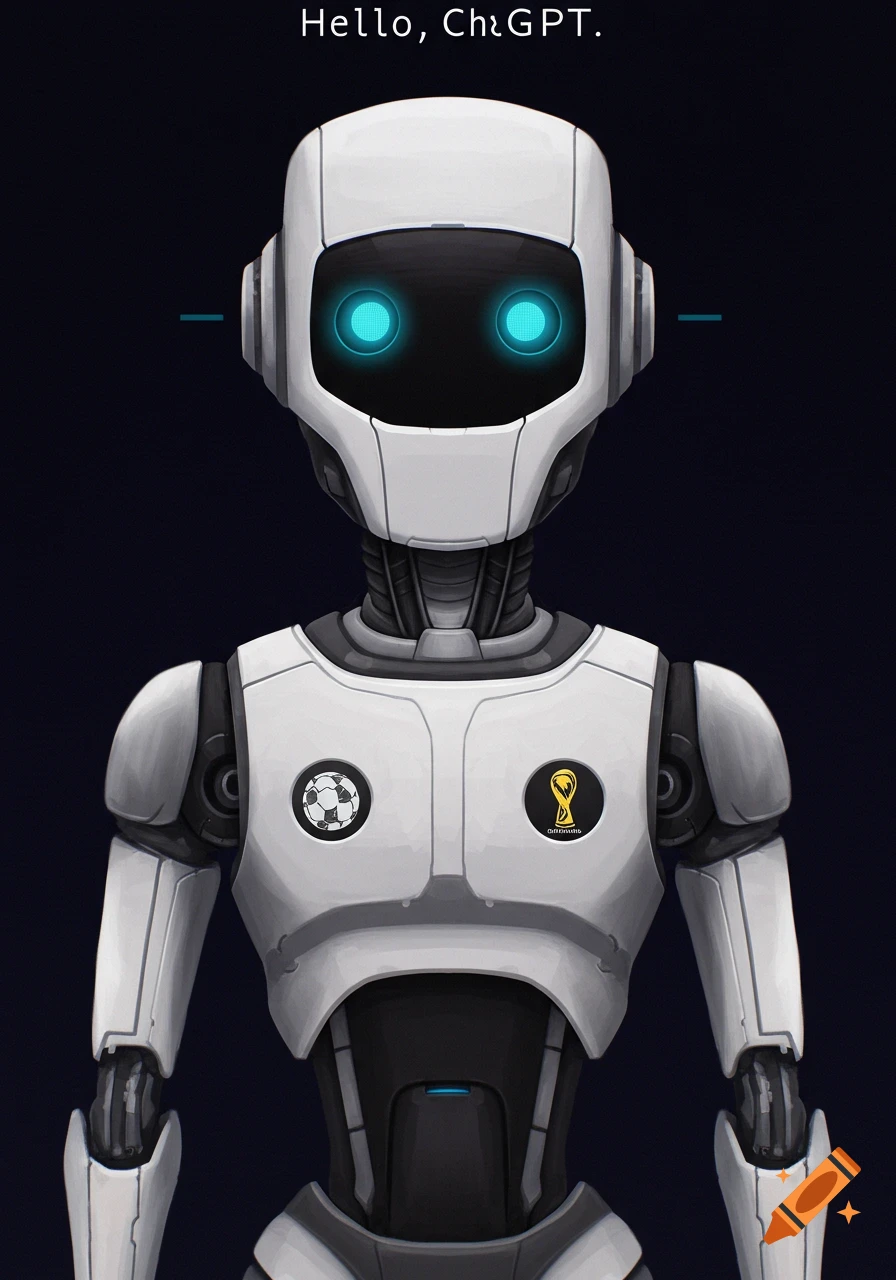 A white and gray robot with glowing blue eyes, with the text "Hello, ChGPT." above its head. It has two circular badges on its chest, one with a soccer ball and another with a golden trophy and garbled text below it.