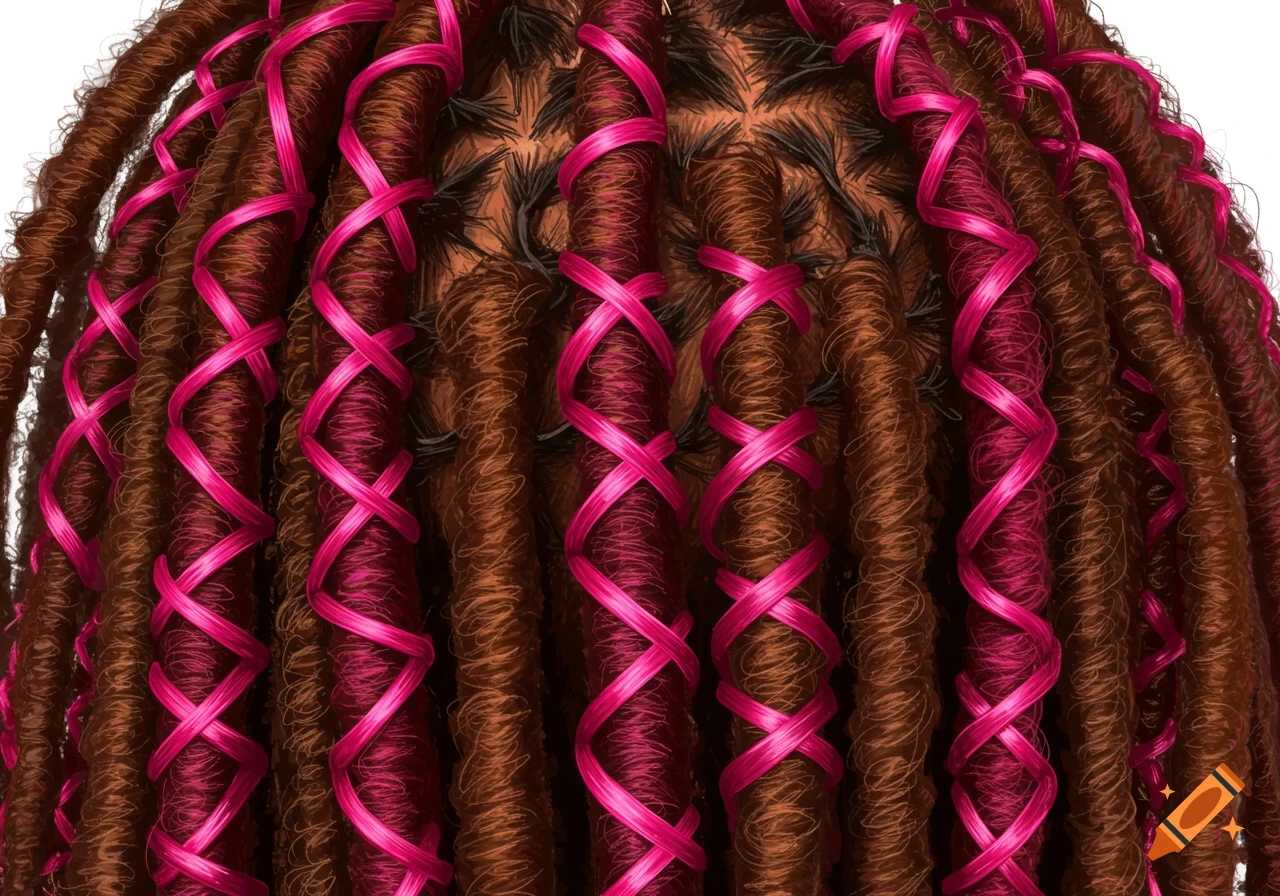 Close-up of brown micro locs styled with pink criss-cross human hair extensions.