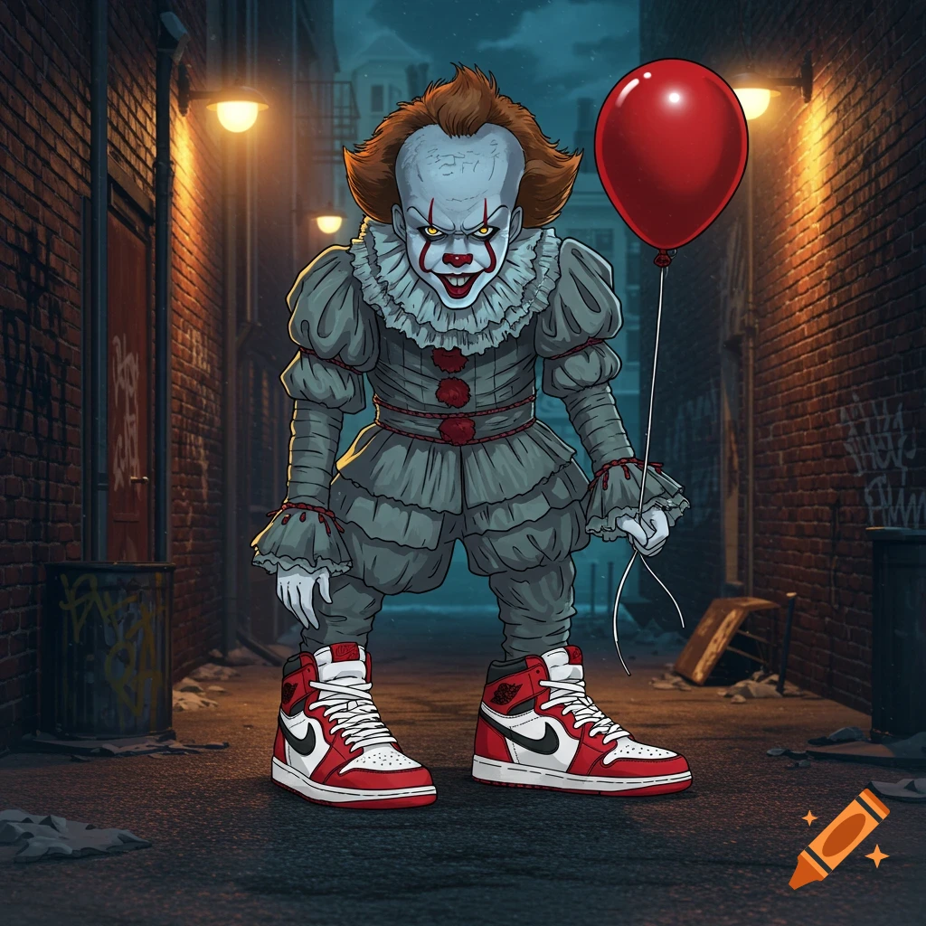 Cartoon illustration of Pennywise wearing red and white Air Jordan 1 sneakers and holding a red balloon in a dark alleyway.
