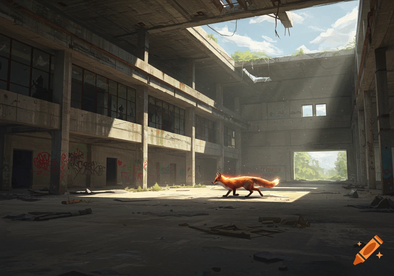 A vibrant fox runs through a sunlit, dilapidated brutalist factory, its concrete walls covered in graffiti.