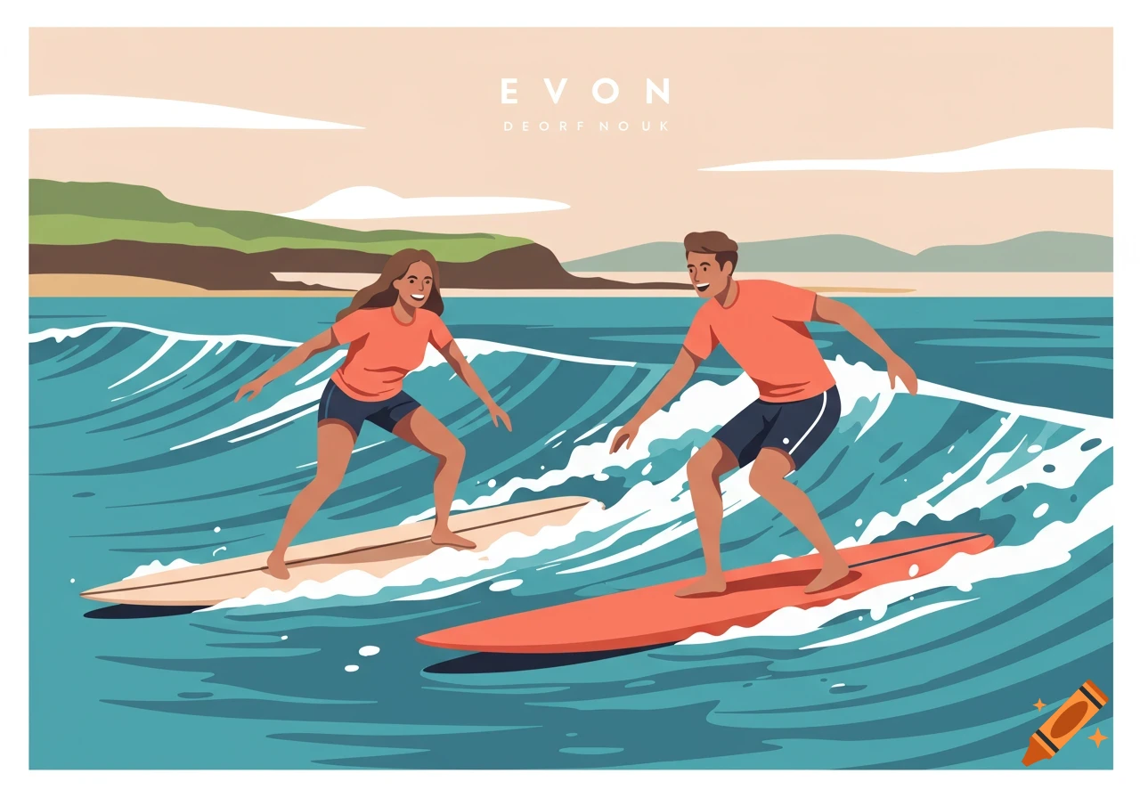 An illustration of a man and a woman in orange t-shirts and shorts surfing on blue waves with a green coastline in the background.