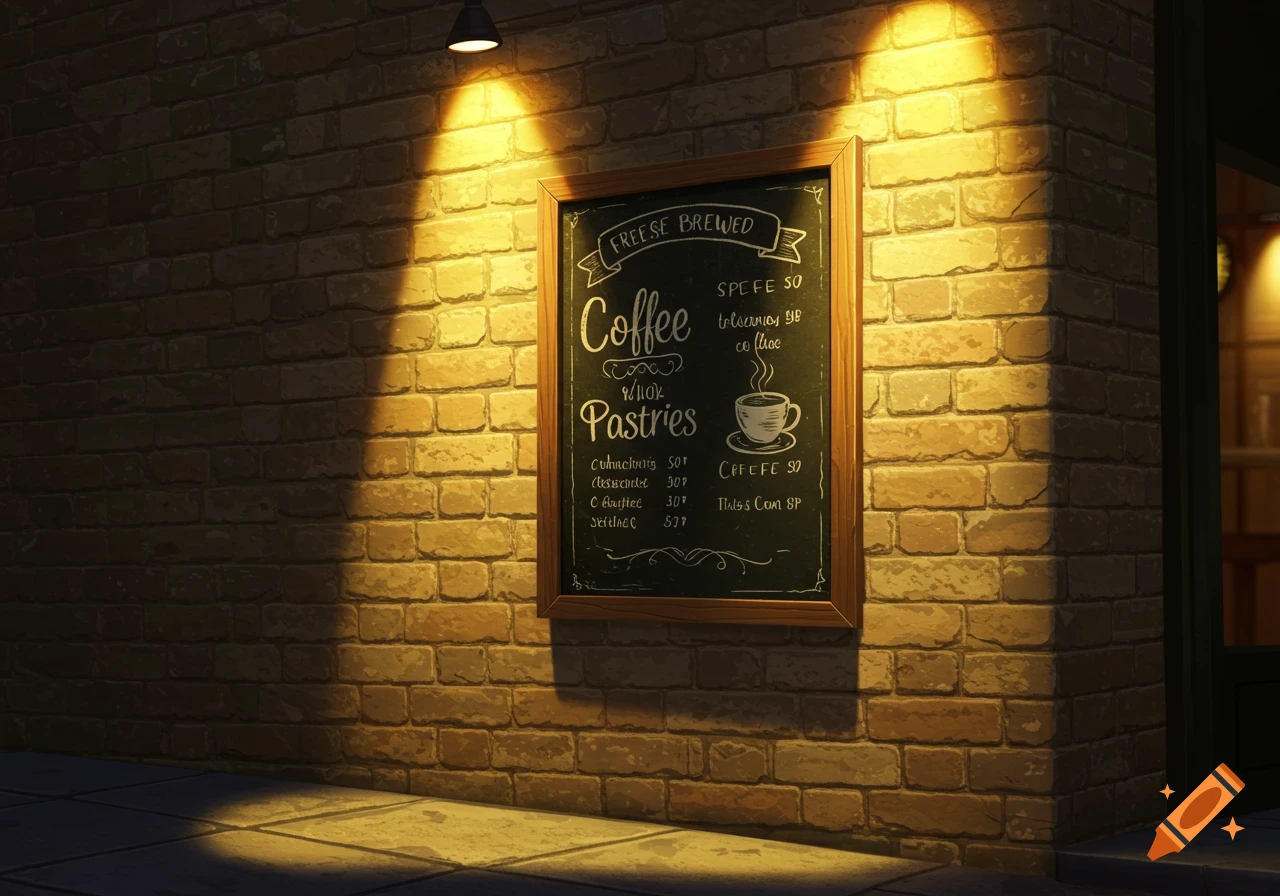 A chalkboard sign for a coffee shop hangs on a brick wall, illuminated by a warm overhead light at dusk.