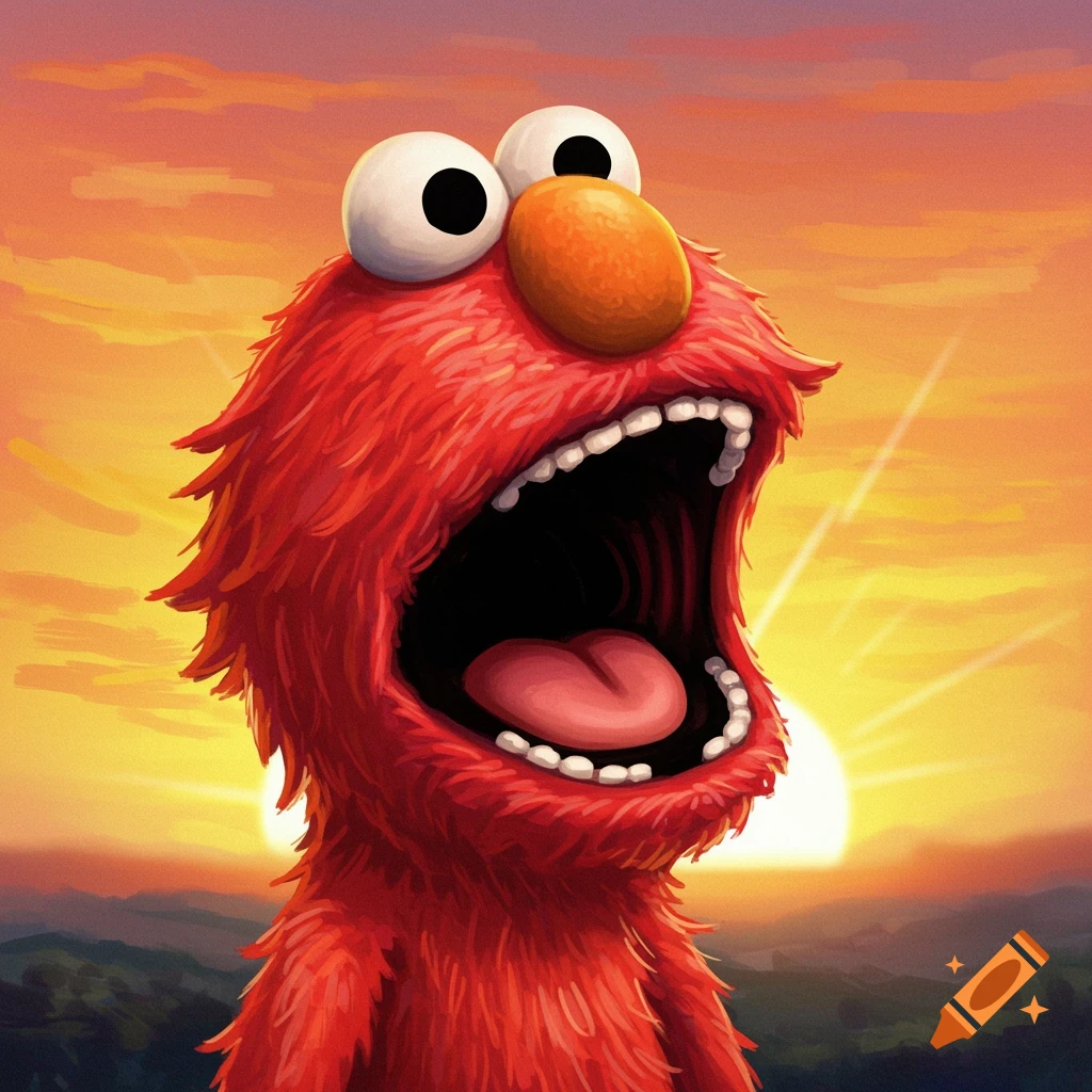 Elmo, a red furry monster, screams with his mouth wide open, against a vibrant orange and yellow sunrise over mountains.