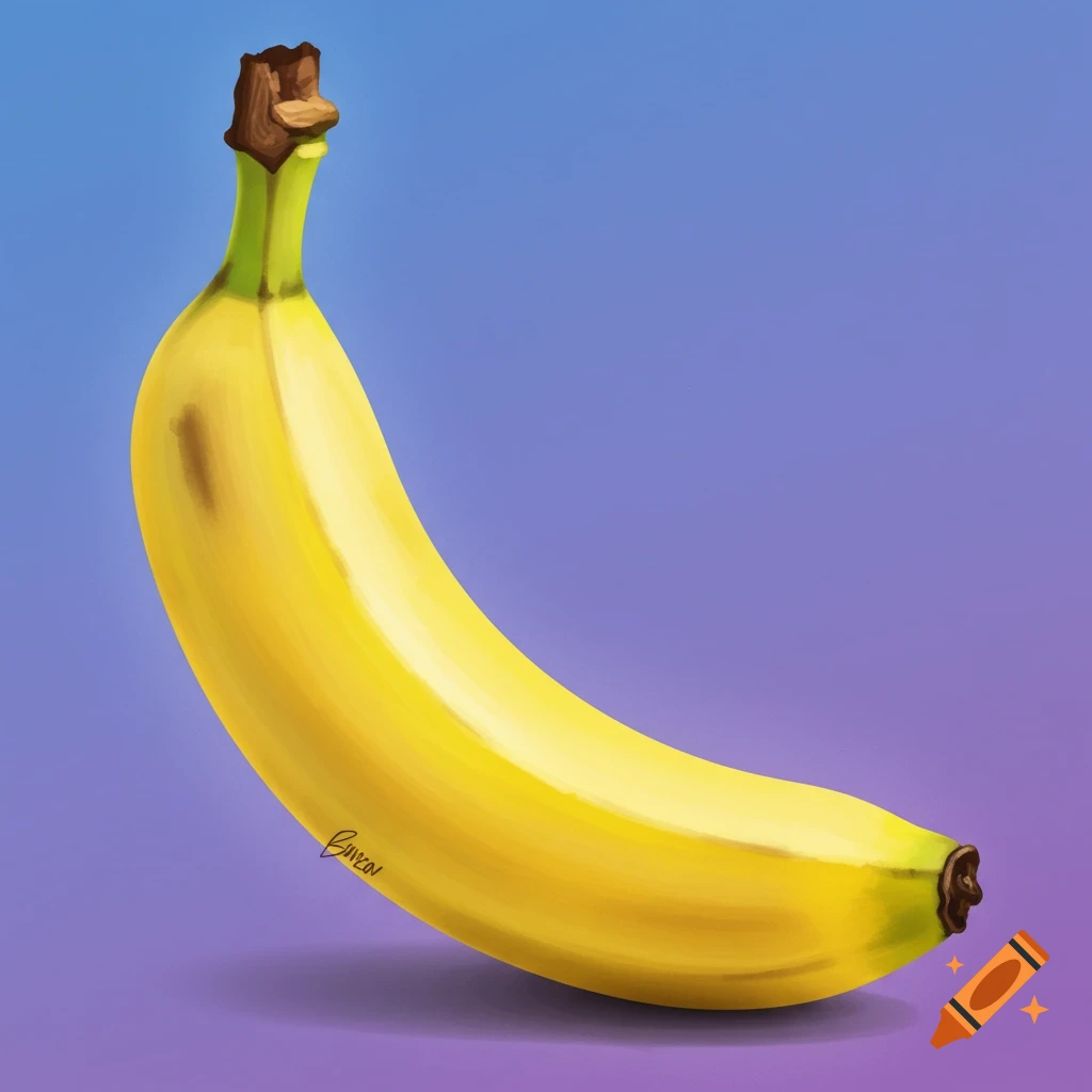 Yellow banana with a brown stem in a painterly style against a purple and blue gradient background.