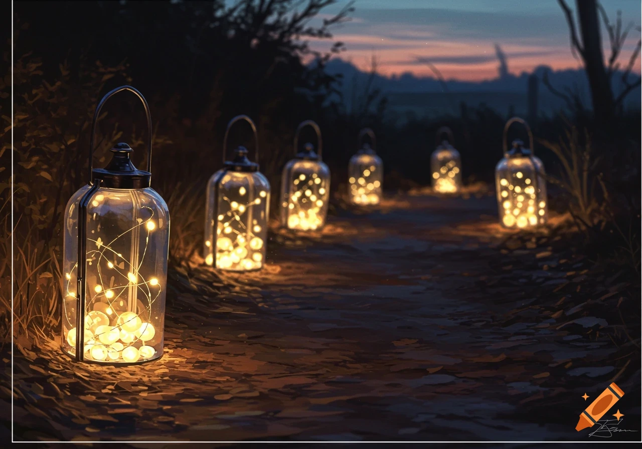 A path lined with glowing glass lanterns filled with fairy lights at dusk, in a painterly style.