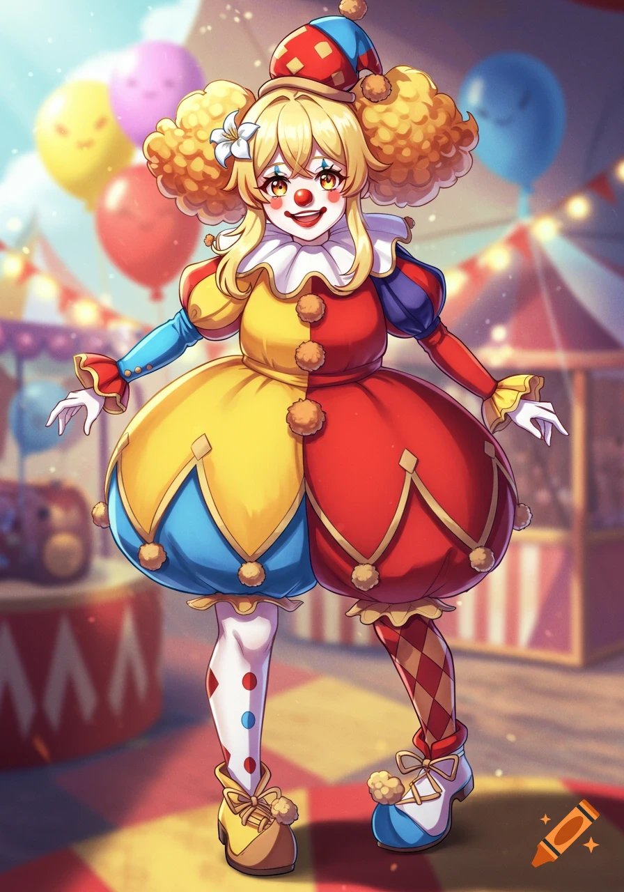 Anime girl dressed as a colorful clown with pom-poms and ruffled collar, standing in a carnival setting with balloons.