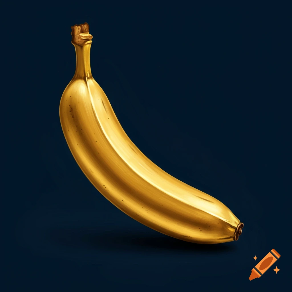 A photorealistic golden banana against a dark blue background.