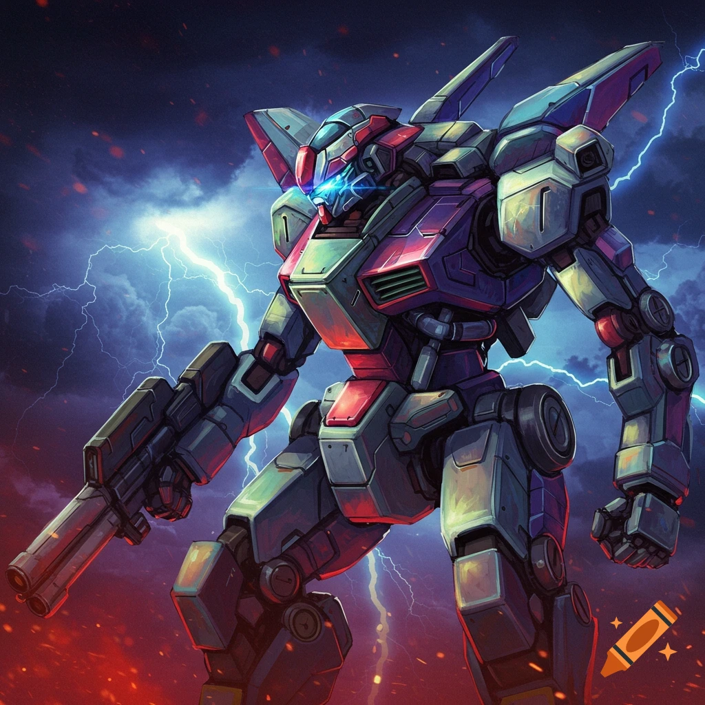 A futuristic mecha robot with a gun stands amidst lightning and fire in a dramatic sci-fi digital art style.