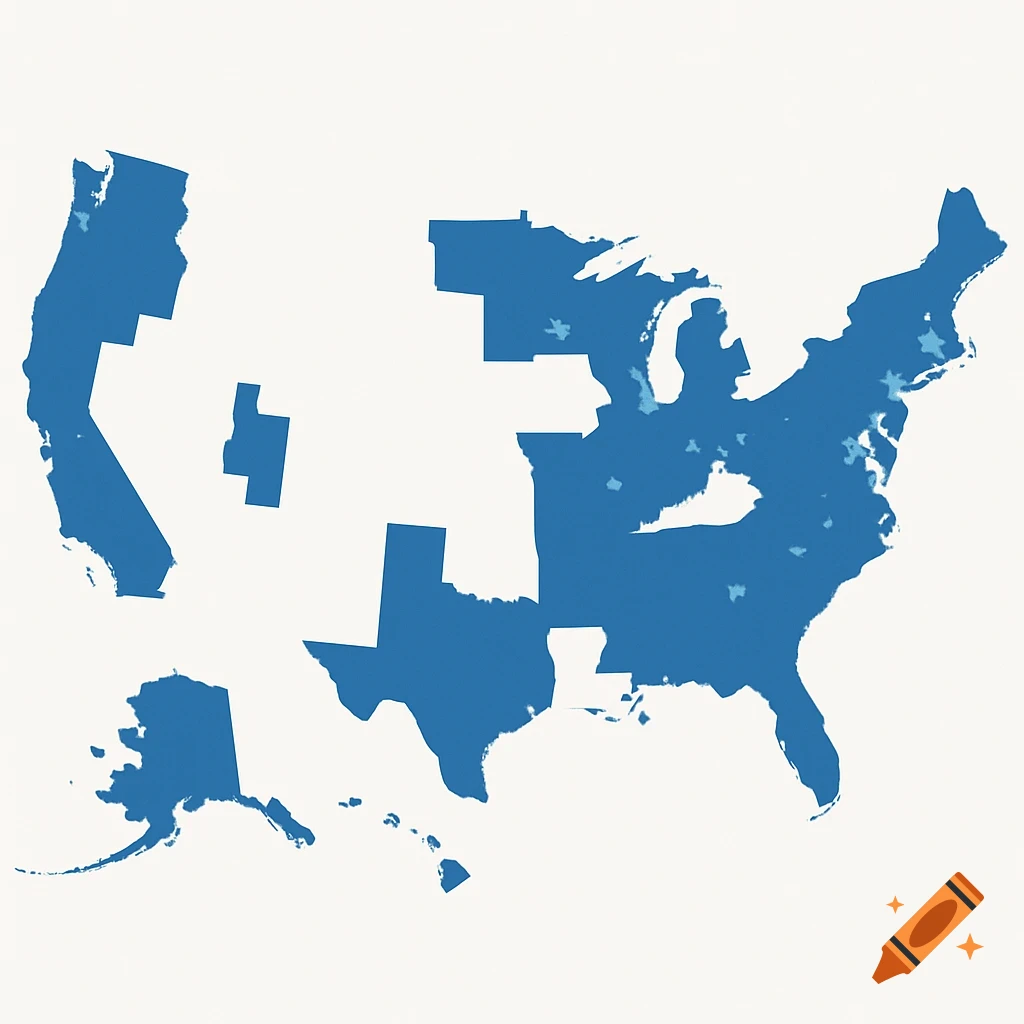 A blue and white map of the United States with large sections removed.