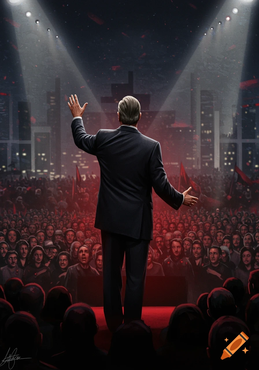 An illustration of a politician on a stage addressing a large crowd, bathed in dramatic red light with a city skyline behind.