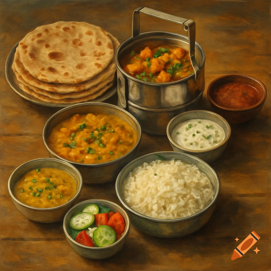 A top-down view of a traditional Indian tiffin meal including chapatis, dal, rice, raita, chutney, and salad on a wooden table.