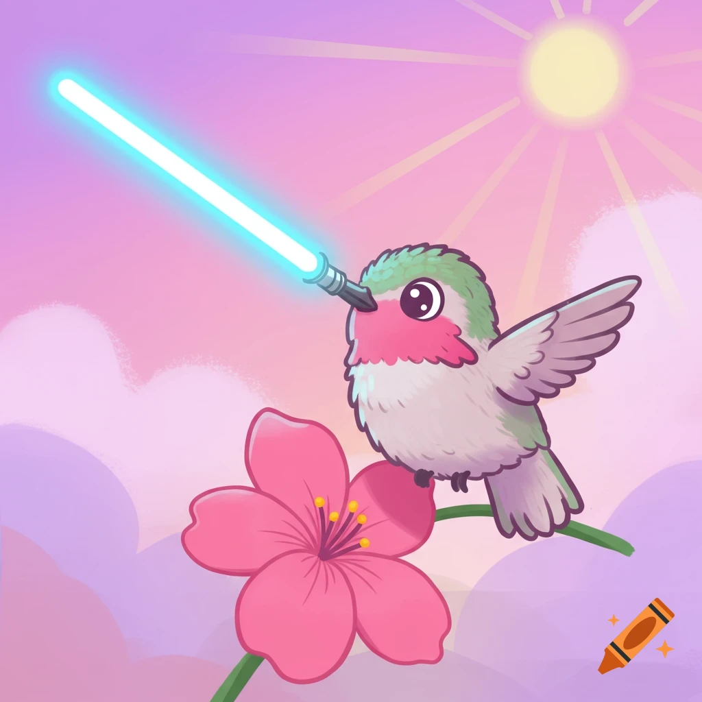 A cartoon hummingbird with a blue lightsaber for a bill perches on a pink flower under a sunny, pink sky.