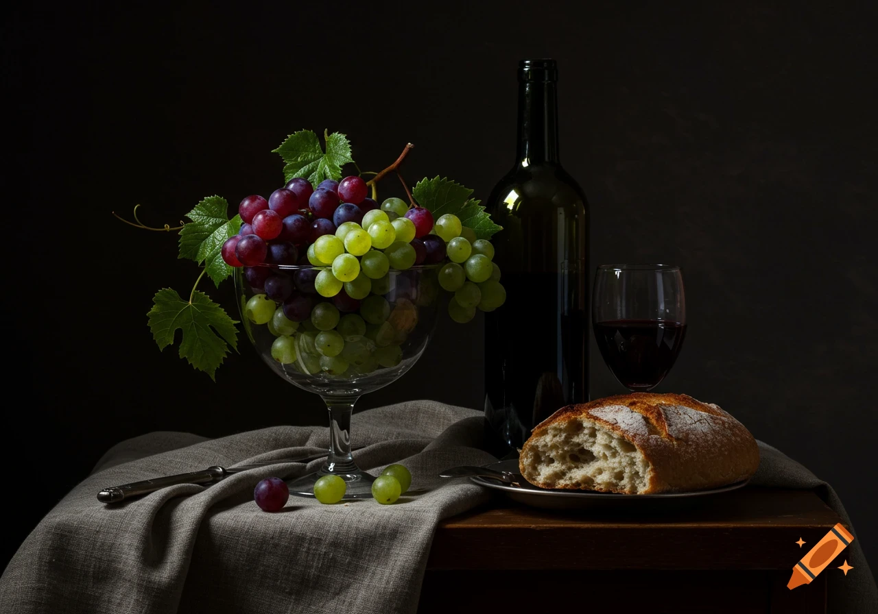 A still life with a bowl of red and green grapes, a wine bottle, a glass of red wine, and a loaf of bread on a draped table, in the style of Caravaggio.
