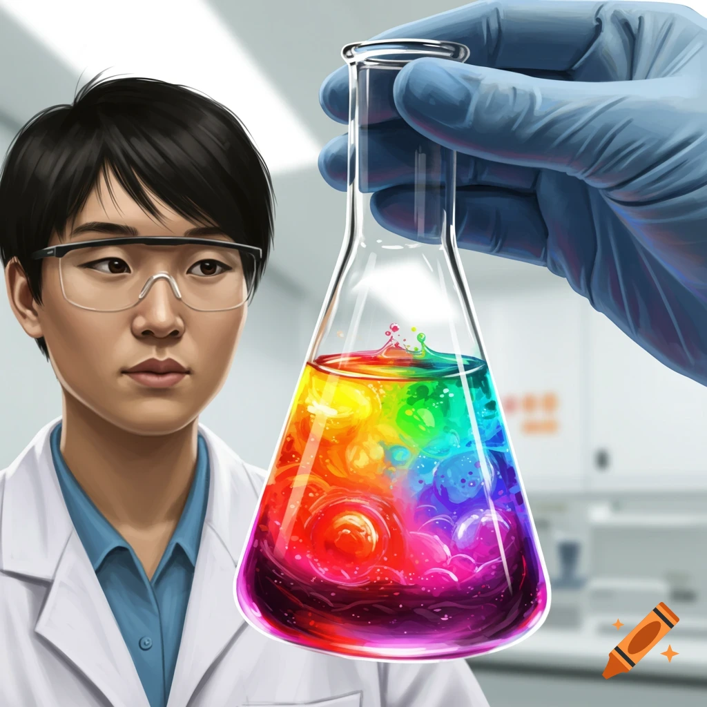 A person in a lab coat and safety glasses holds a flask with swirling rainbow-colored liquid.
