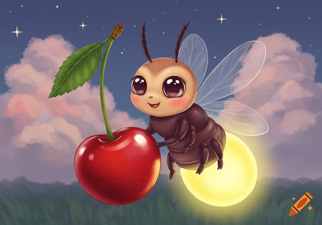 A cute, cartoon firefly with big eyes smiles while holding a large red cherry against a starry night sky with pink clouds.
