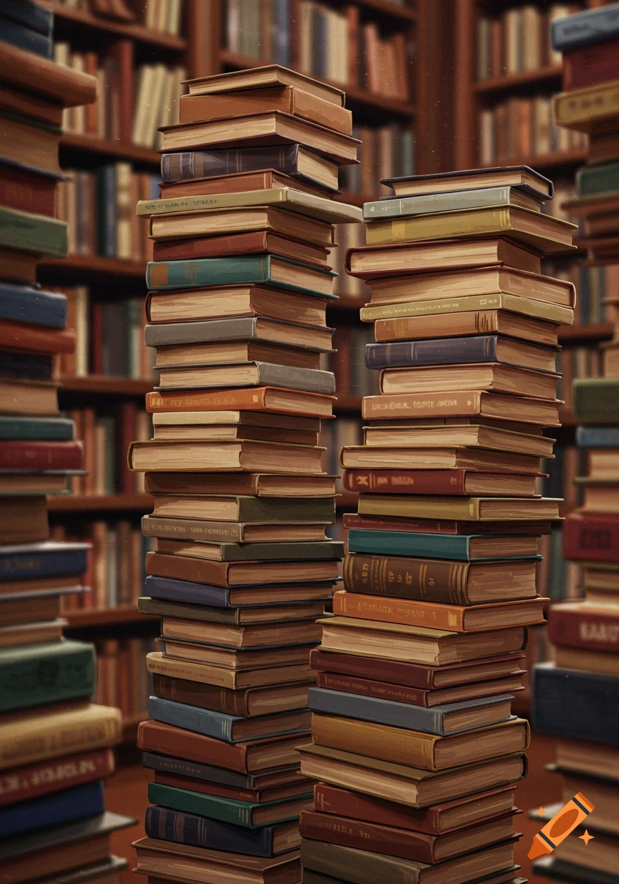 Tall stacks of old books with blurry titles on their spines, set against a backdrop of full bookshelves in a dimly lit library.