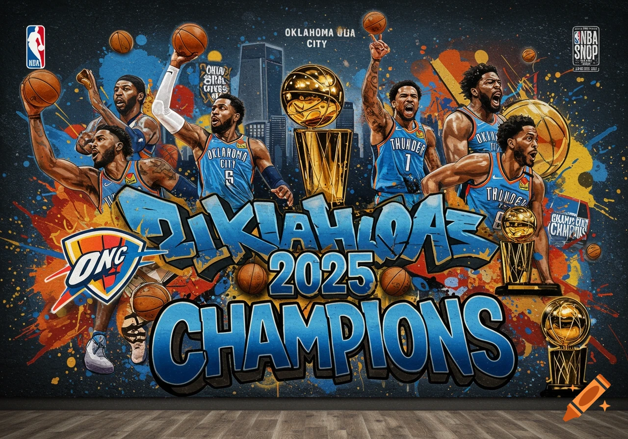 A graffiti art mural depicting NBA Oklahoma City Thunder players celebrating a championship win in 2025, with large 'OKLAHOMA 2025 CHAMPIONS' text and trophies.