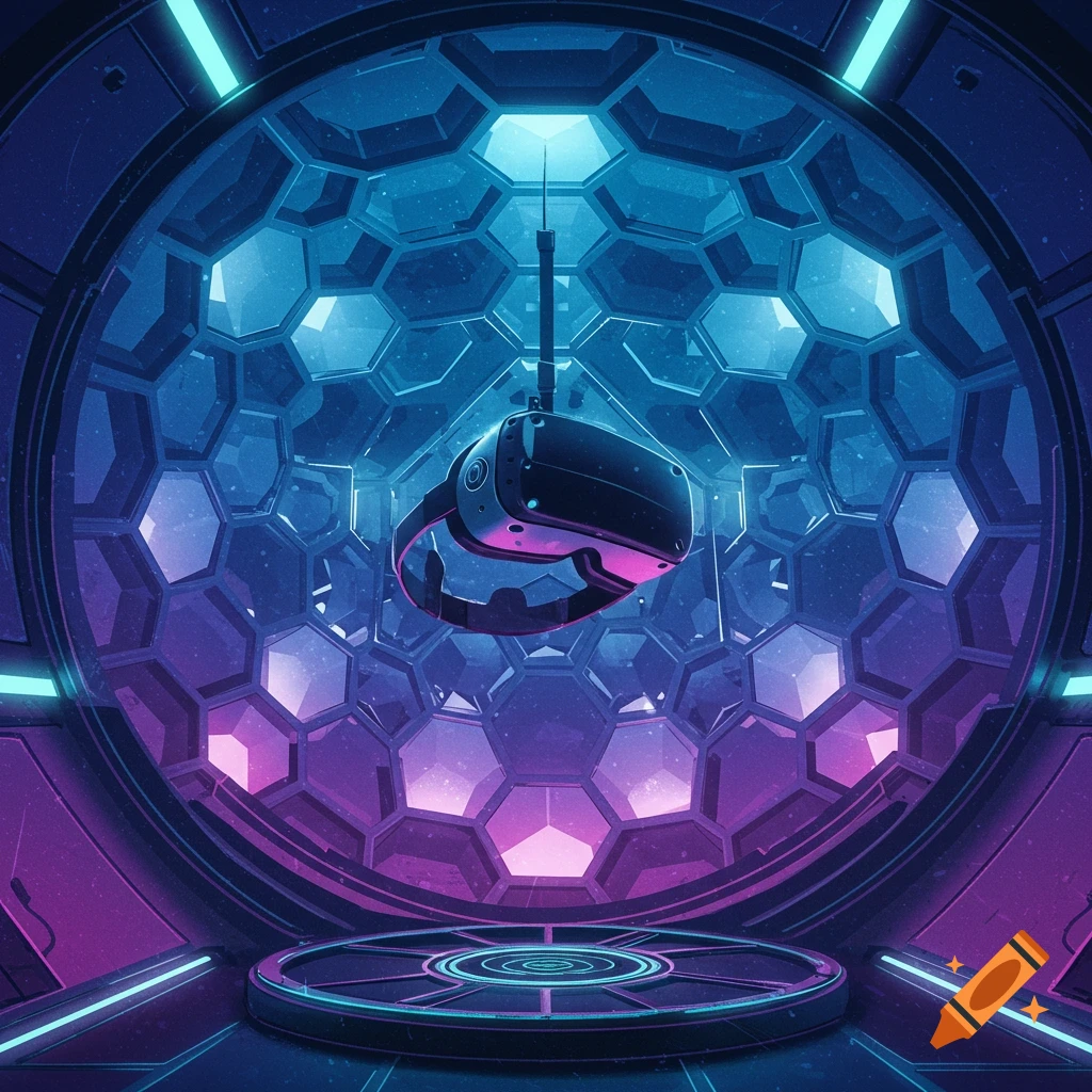 A VR headset hangs in the center of a futuristic, circular room with glowing blue and pink hexagonal walls.