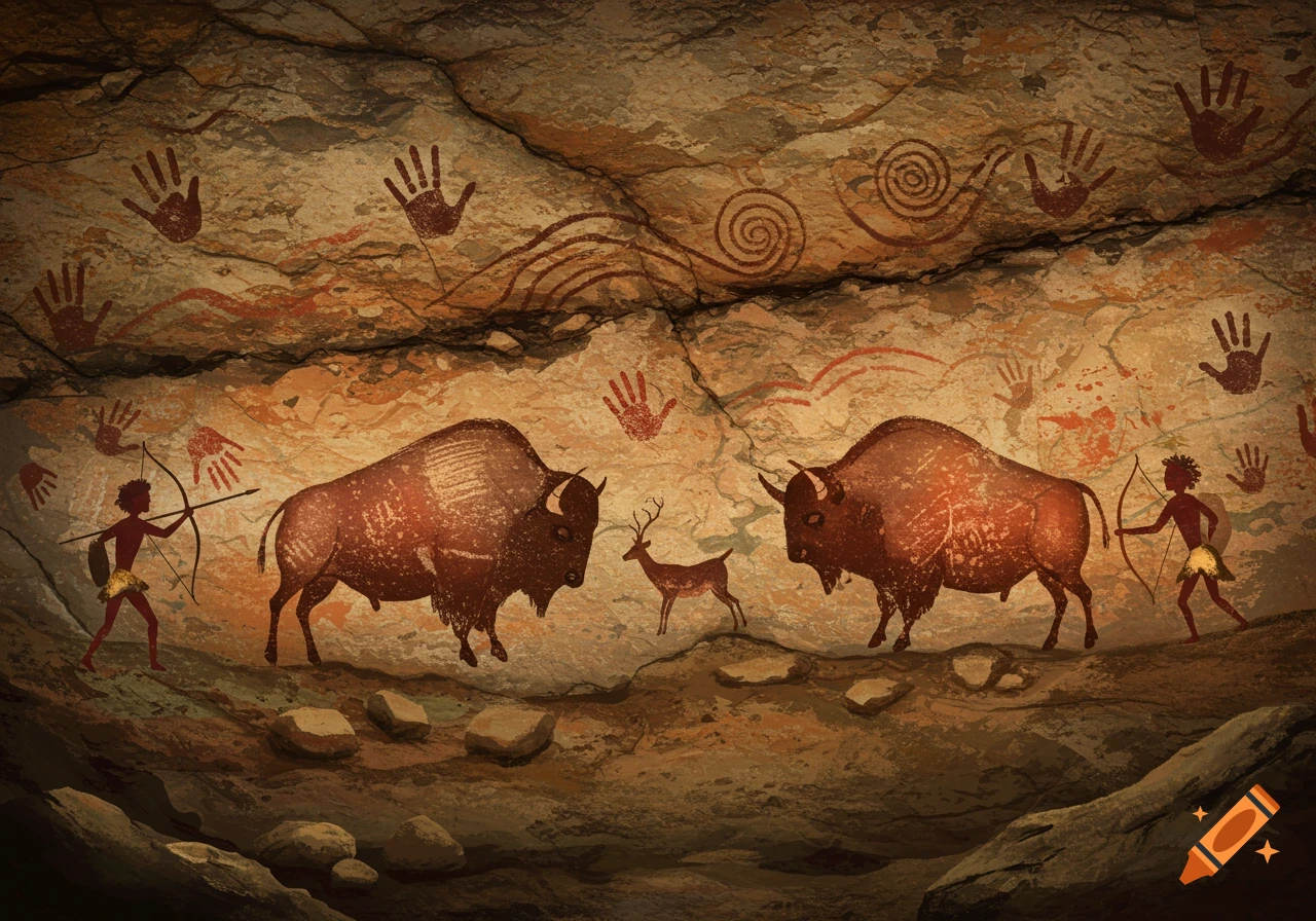 Prehistoric cave painting of hunters with bison and a deer on a rocky wall, featuring red handprints and spirals.