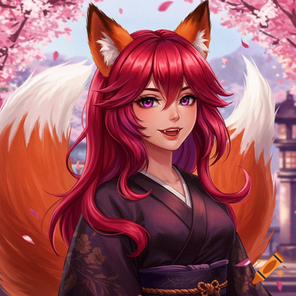 A vibrant fantasy anime portrait of a fox girl with flowing red hair, purple eyes, and orange fox ears and tails, wearing a dark kimono, set against a background of blooming cherry blossoms.