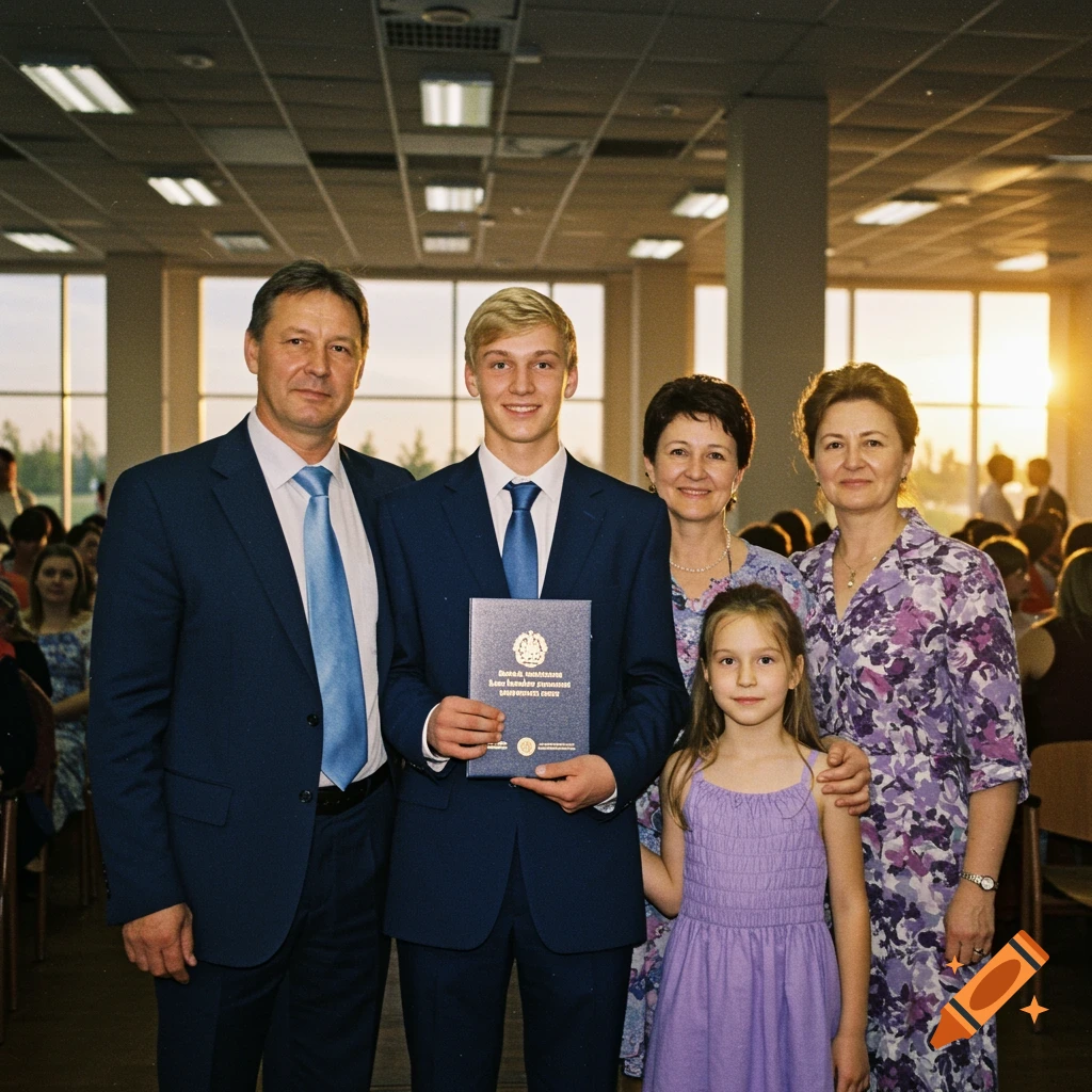 A blonde young man in a suit holds a diploma, posing with his parents and younger sister in a large hall at sunset.