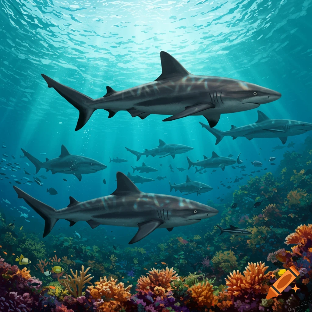 A school of sharks swims over a colorful coral reef with sun rays from above.
