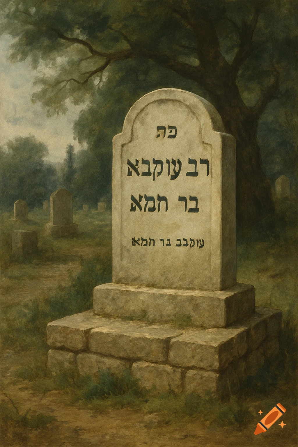 An old, weathered stone tombstone with Hebrew inscriptions stands in a grassy cemetery under a large tree, in a painterly style.