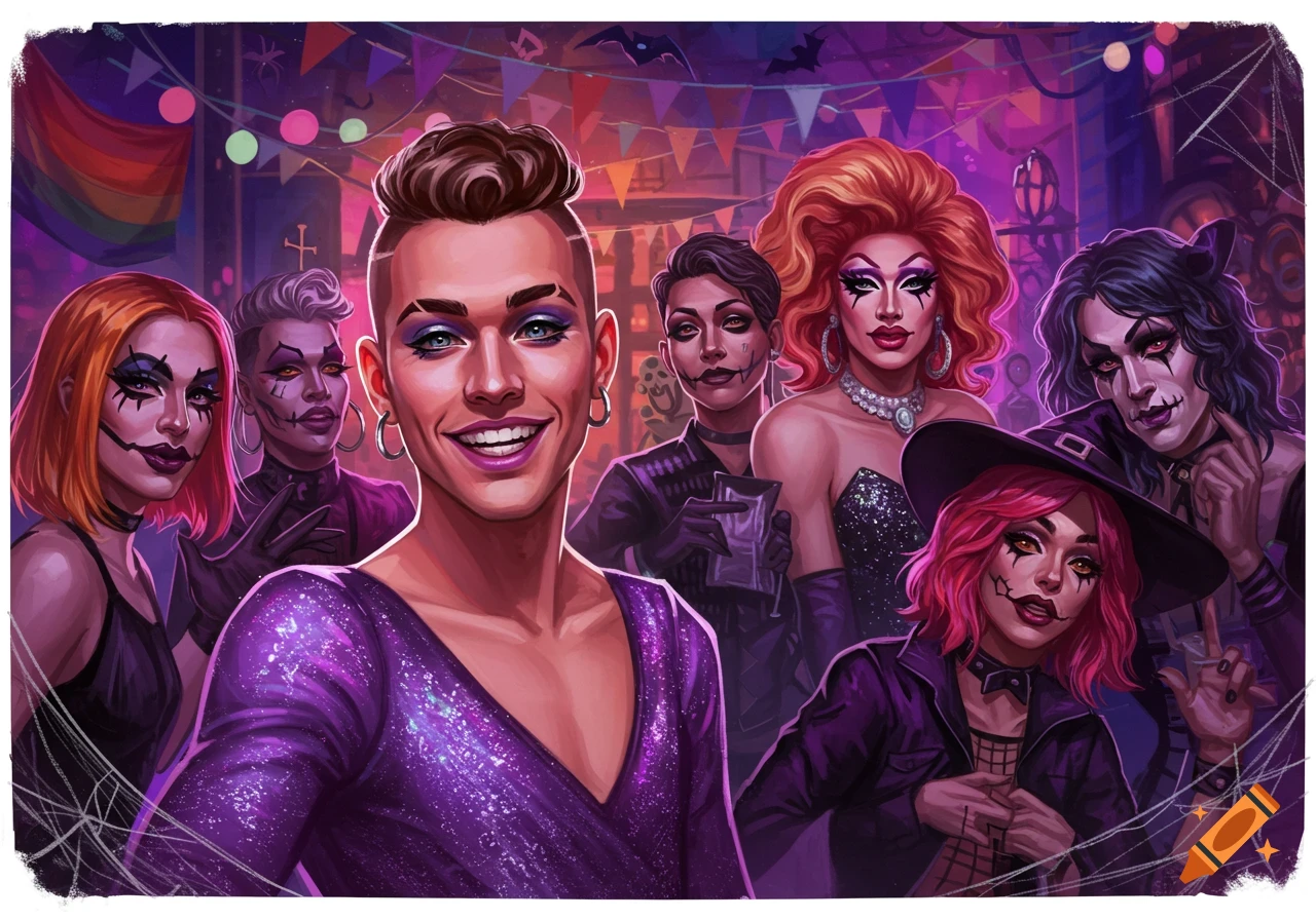 An illustration of diverse people in Halloween costumes and drag, smiling at a lively party with a rainbow flag.