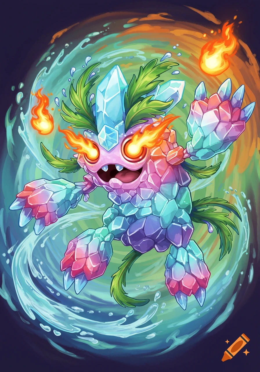 A vibrant, cartoonish monster made of colorful crystals and green leaves, with fiery eyes, surrounded by swirling water and flames.