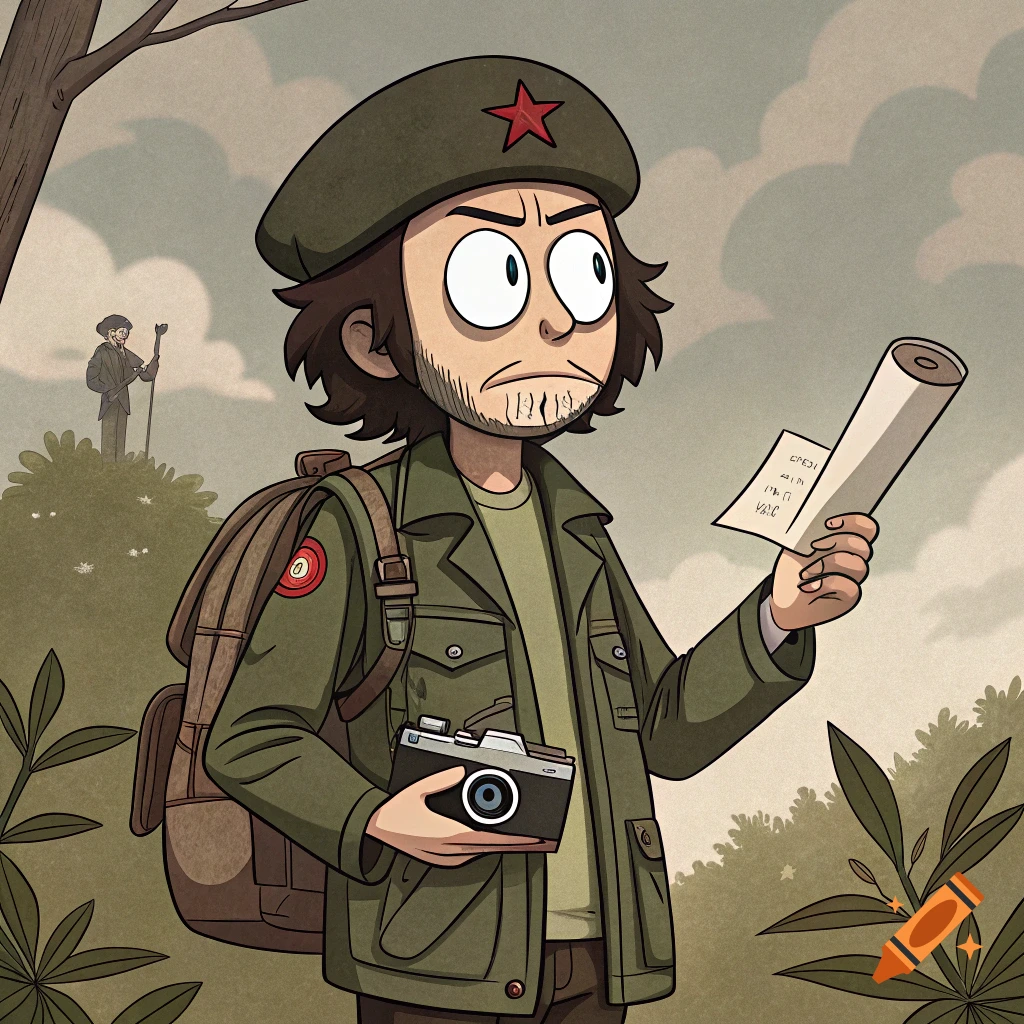 Cartoon Morty from Rick and Morty as Che Guevara, holding a camera and a paper scroll, in a stylized drawing.