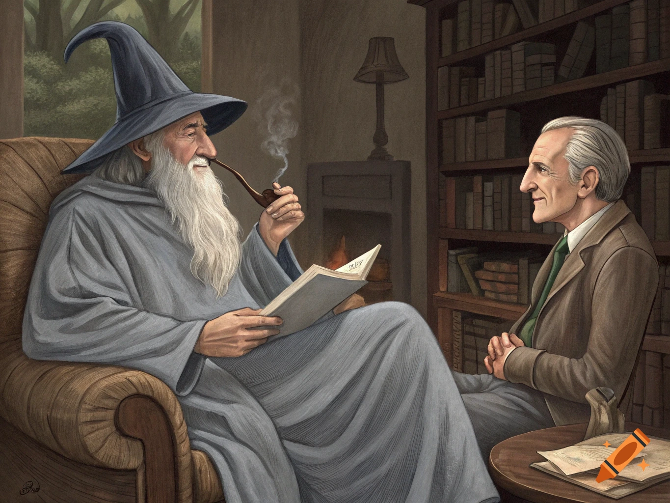 Gandalf, a wizard with a long white beard, smokes a pipe while reading a book, seated across from J.R.R. Tolkien in a cozy, book-filled study.
