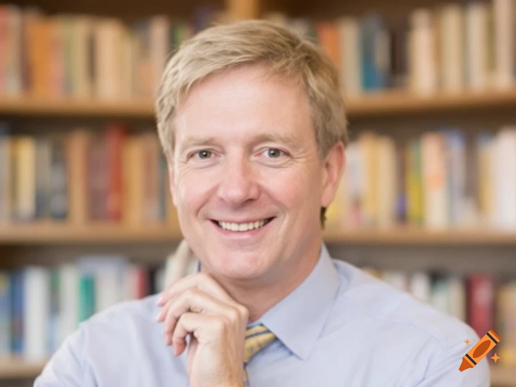 A smiling man with blonde hair, a light blue shirt, and a patterned tie stands in front of a blurred bookshelf, photorealistic.
