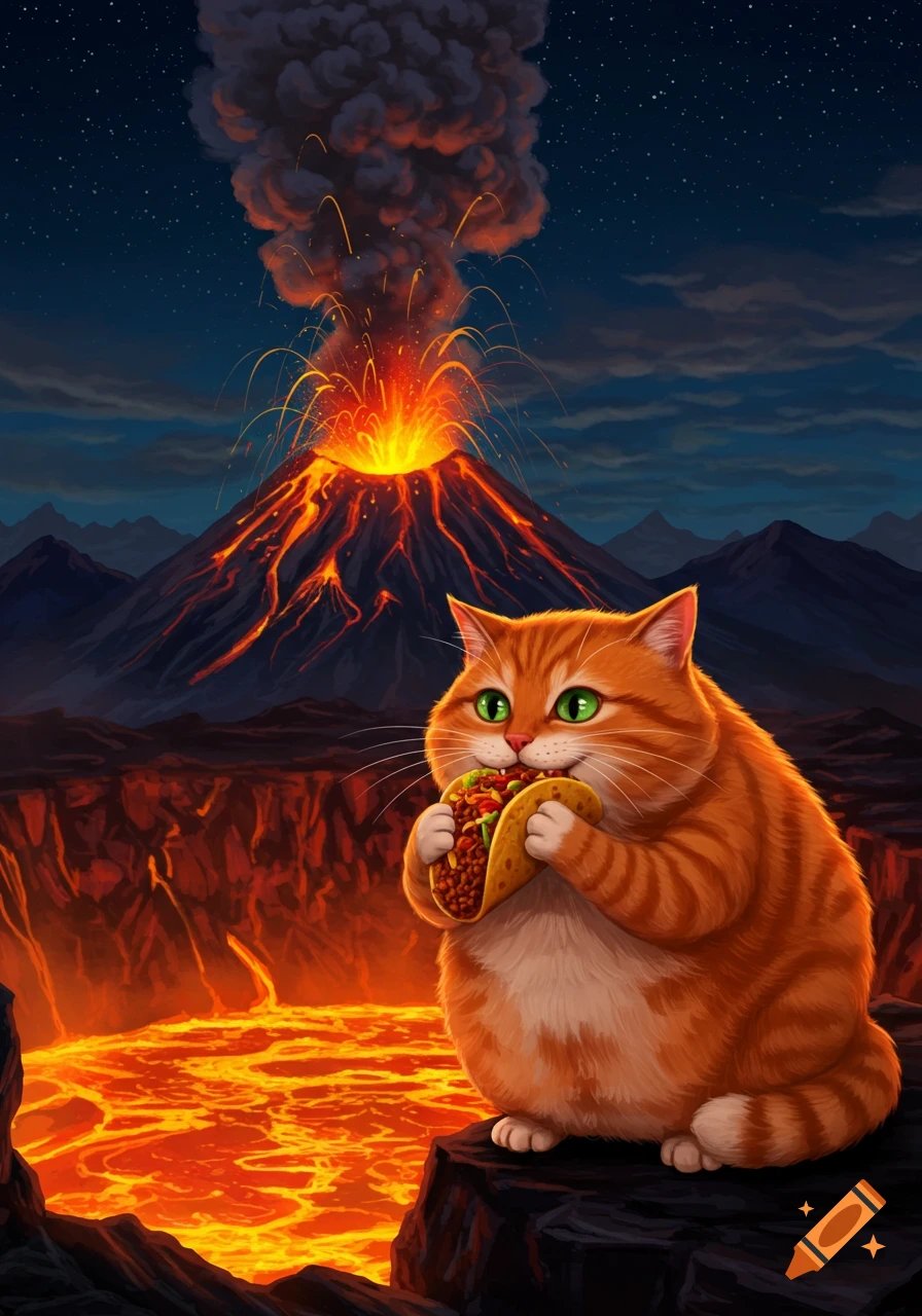 An adorable fluffy orange cat with bright green eyes happily eats a taco while sitting on a rock near an erupting volcano at night.