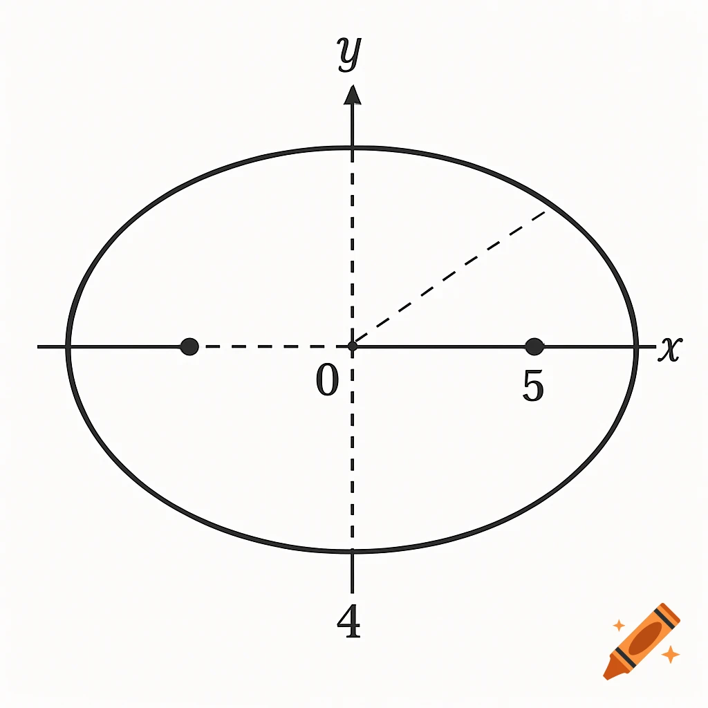 A precise mathematical diagram of an ellipse on a Cartesian coordinate plane, centered at the origin, with semi-major axis 5 on the x-axis and semi-minor axis 4 on the y-axis. The axes are labeled x and y, and the origin is labeled 0.