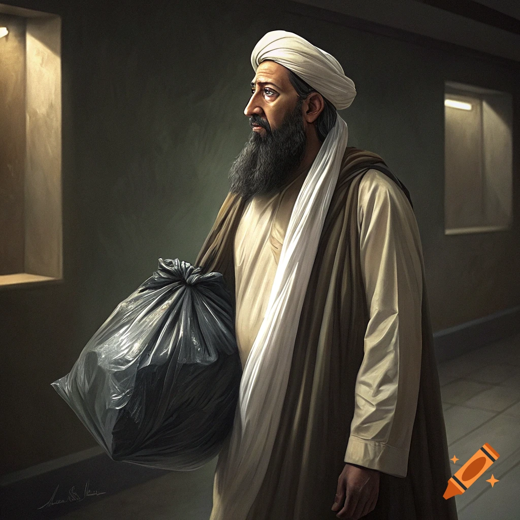 A photorealistic portrait of Osama Bin Laden in traditional attire, carrying a black trash bag on his shoulder, in a dimly lit corridor.
