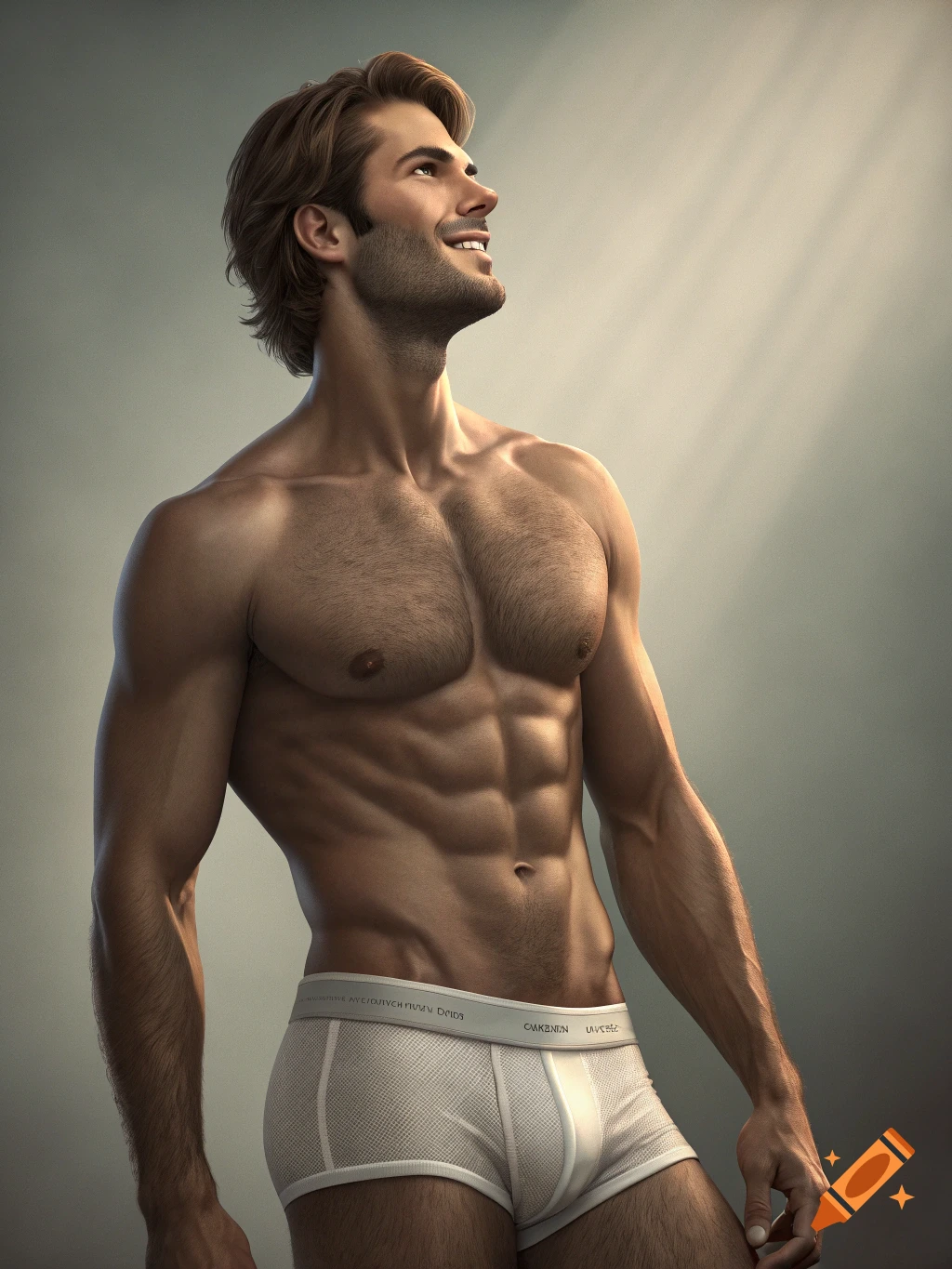 Photorealistic image of a muscular man in white underwear smiling and looking up, bathed in light.