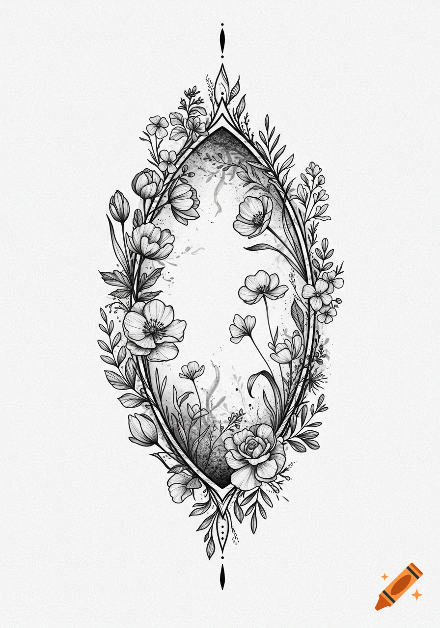 Black and white line art of an oval botanical frame with flowers and foliage, featuring a subtle grey watercolor wash inside.