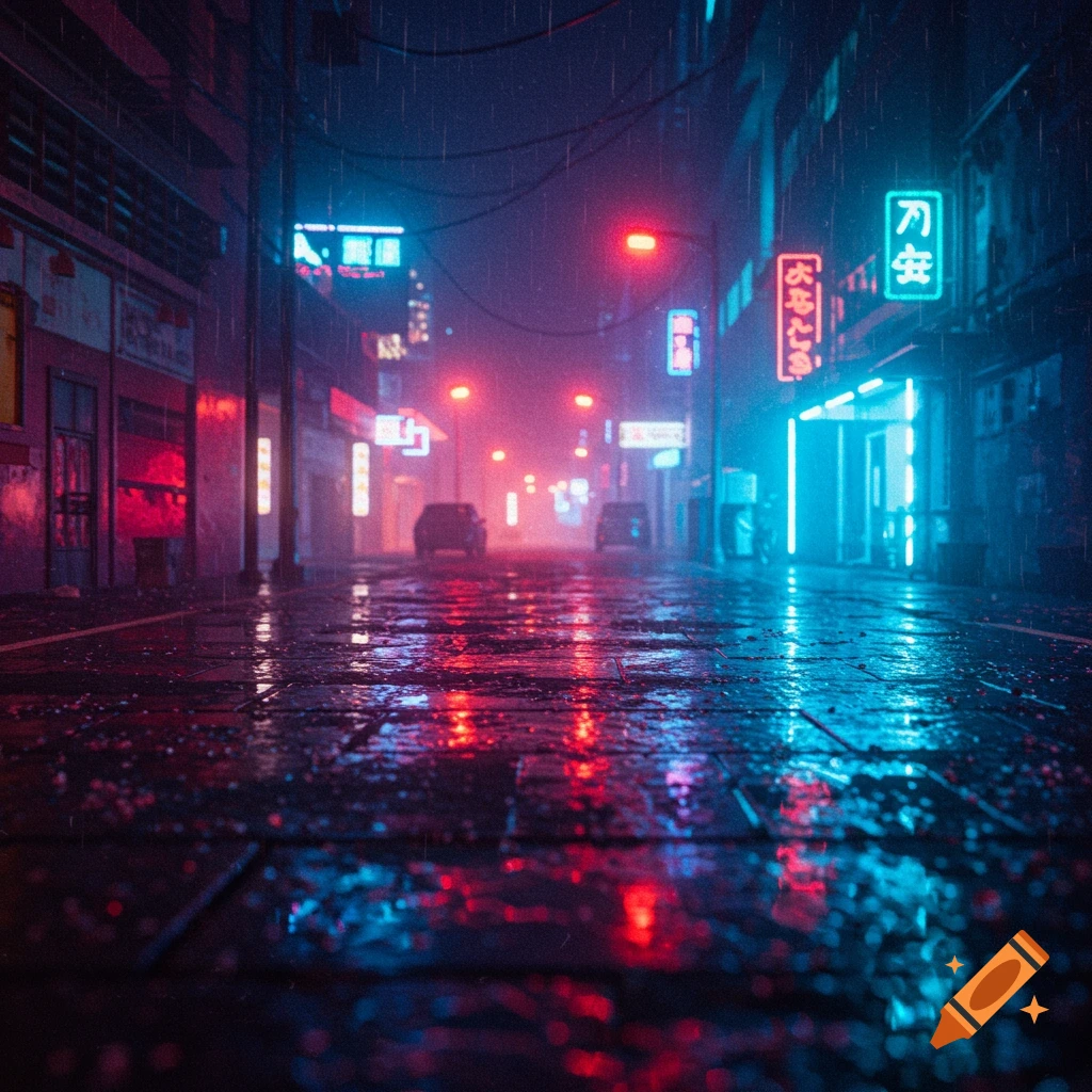 A rainy neo-noir city street at night, illuminated by glowing red and blue neon signs reflecting on the wet pavement, with distant cars.