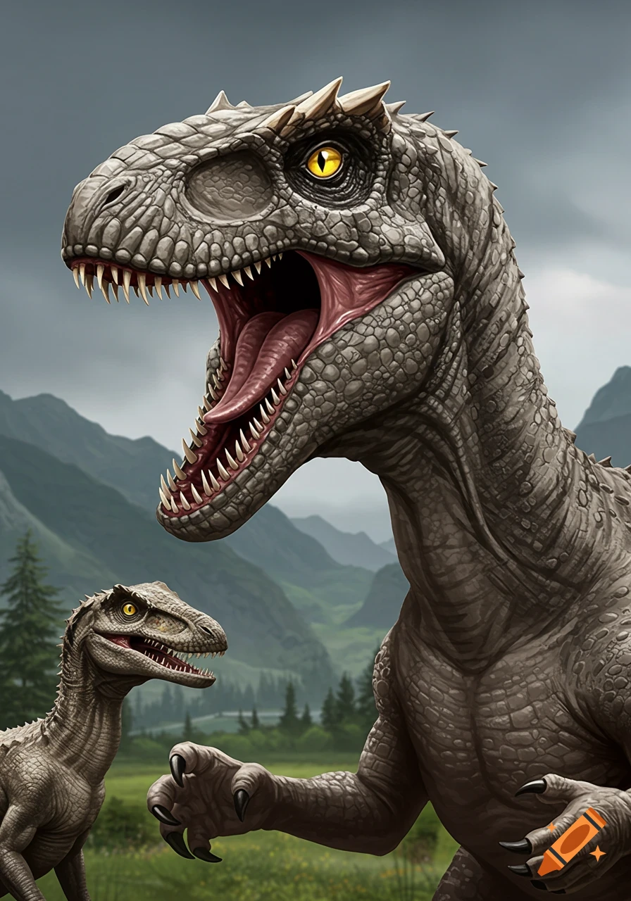A large, spiky gray dinosaur with an open mouth stands next to a smaller raptor-like dinosaur in a grassy field with mountains.