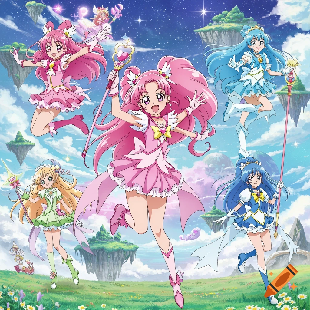 Six vibrant anime magical girls with colorful outfits and staffs soar and stand amidst floating islands and a starry sky.