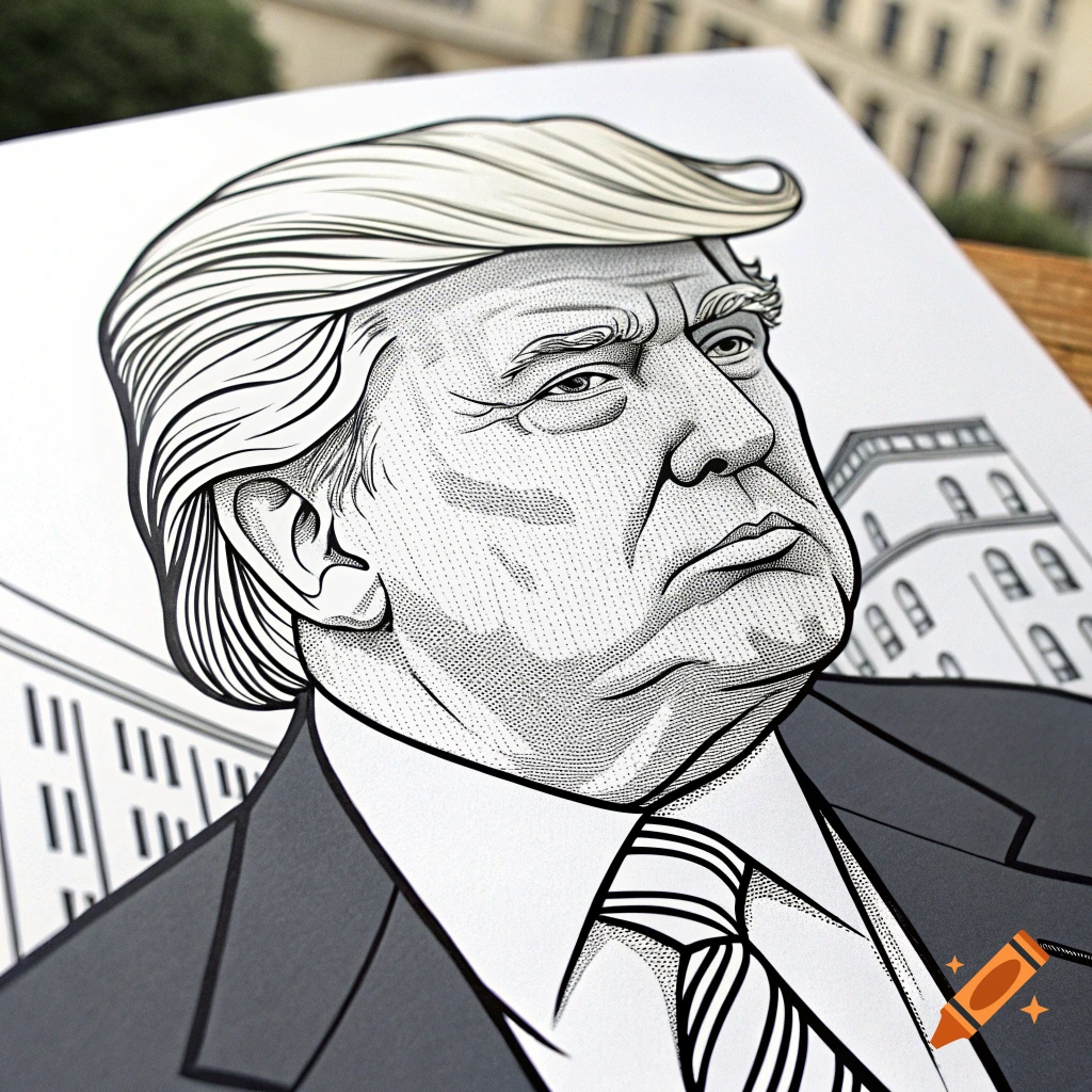 Black and white line art cartoon portrait of Donald Trump with a stern expression, against a background of buildings.