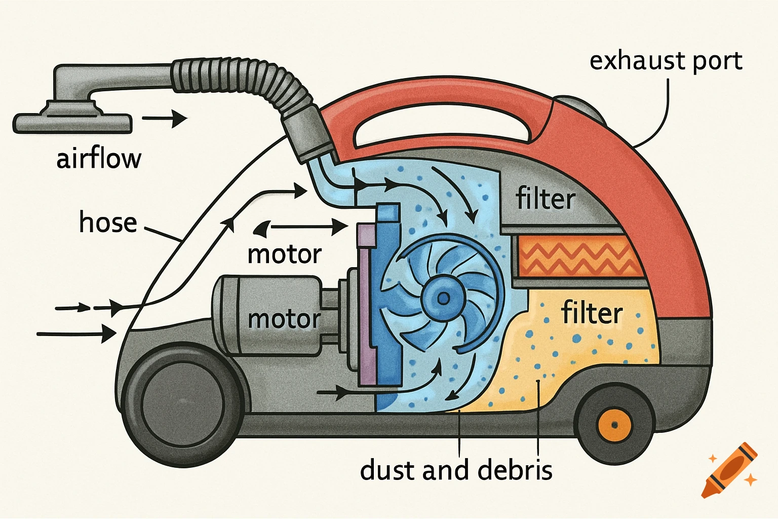 Cross-section diagram of a vacuum cleaner showing internal parts and airflow.