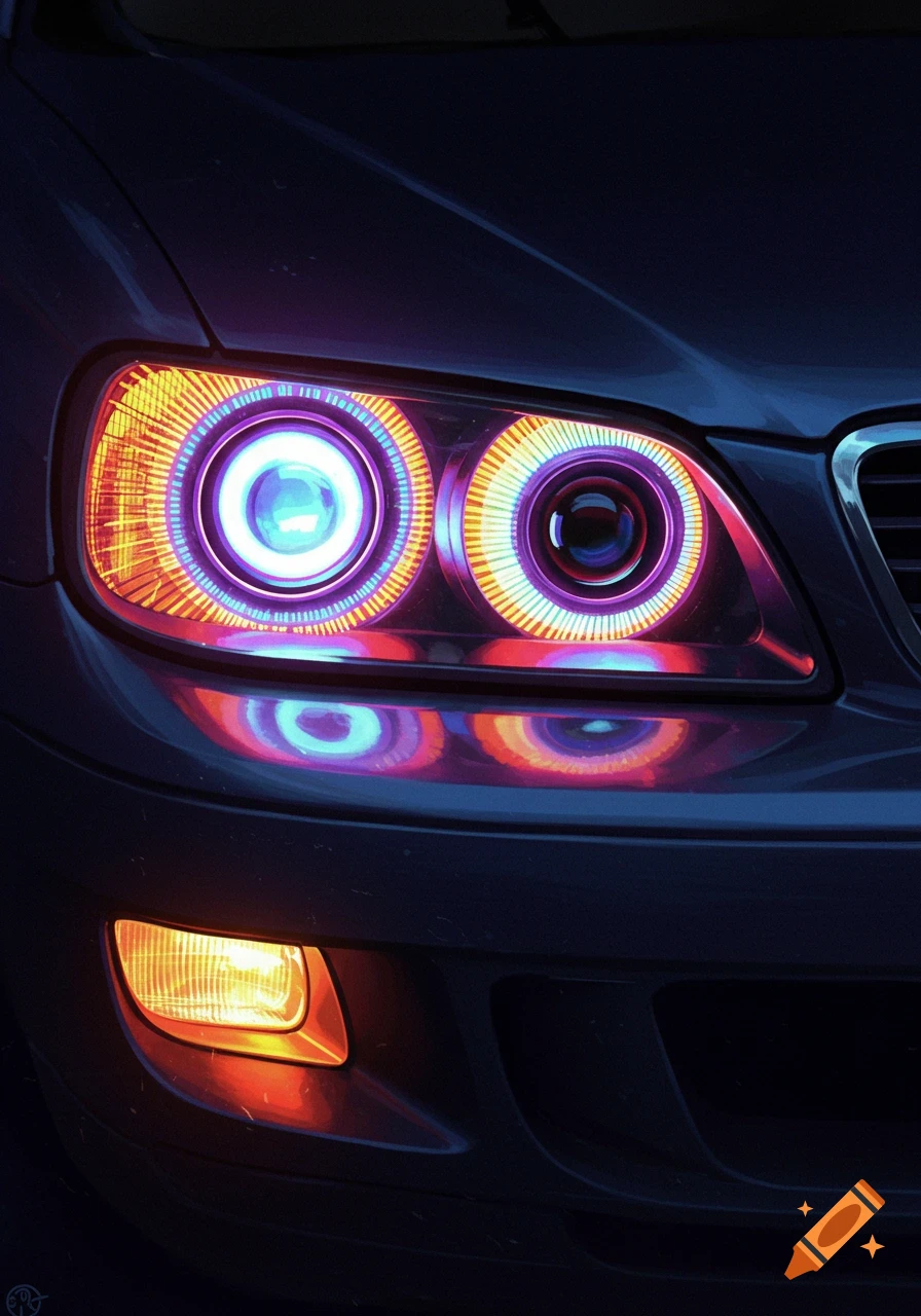 Close-up of car headlights glowing with bright neon blue, purple, and orange light, resembling eyes.