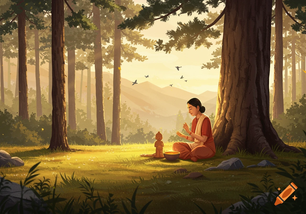 Watercolor of an Indian woman meditating in a serene forest at golden hour, with a glowing clay figure and bowl.