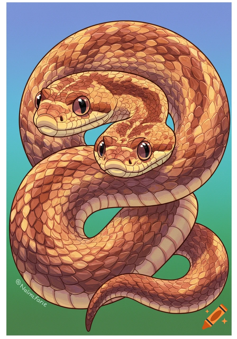 Two brown and tan hognose snakes coiled together against a blue and green background, in a cartoon illustration style.