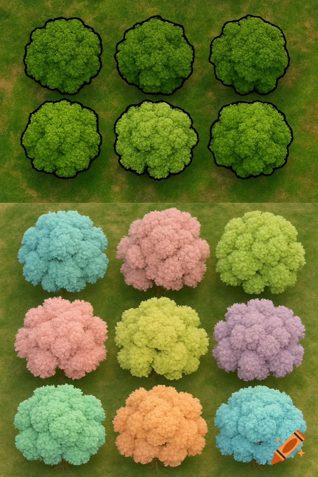 A composite image displays a grid of green trees with black outlines on the top half and pastel-colored 3D rendered trees on the bottom half, all on grass.