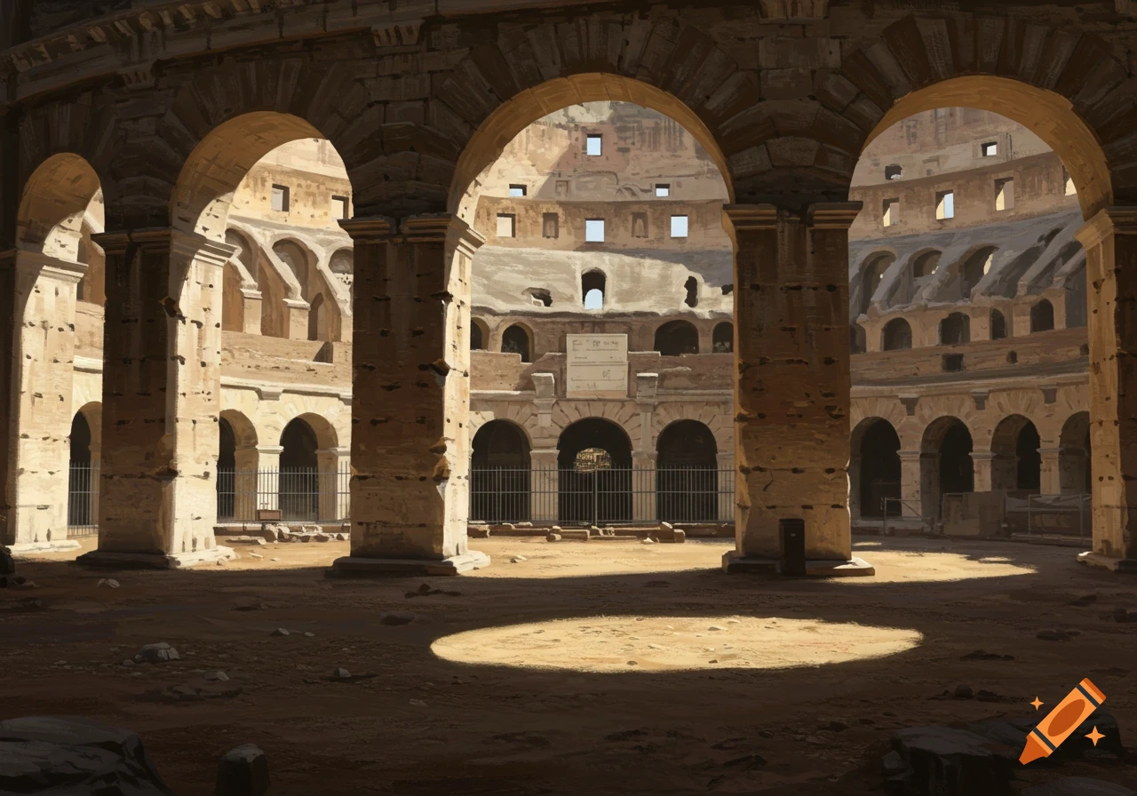 Interior view of an ancient Roman amphitheater with towering stone arches, dirt ground, and sunlight casting shadows.